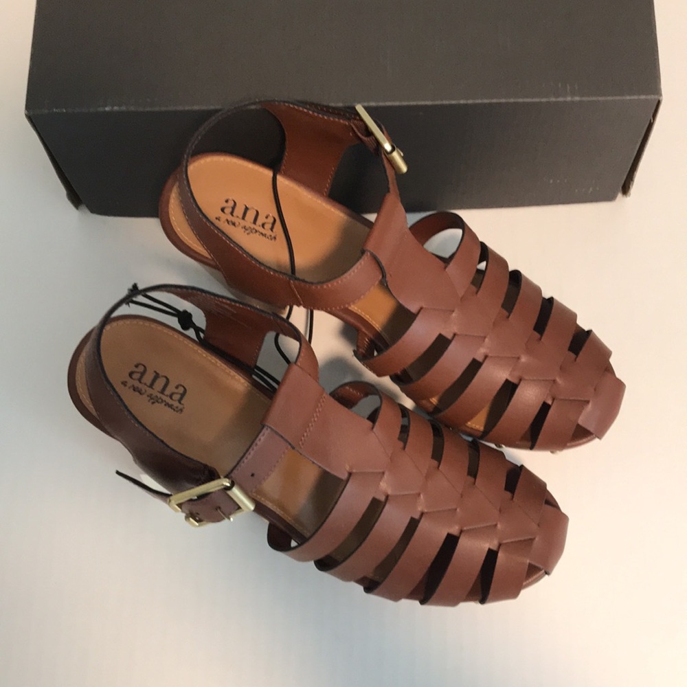 a.n.a Woman's 9.5 Jordan Fisherman Sandals Cognac Brown Studded Block Heel NEW - Picture 3 of 7